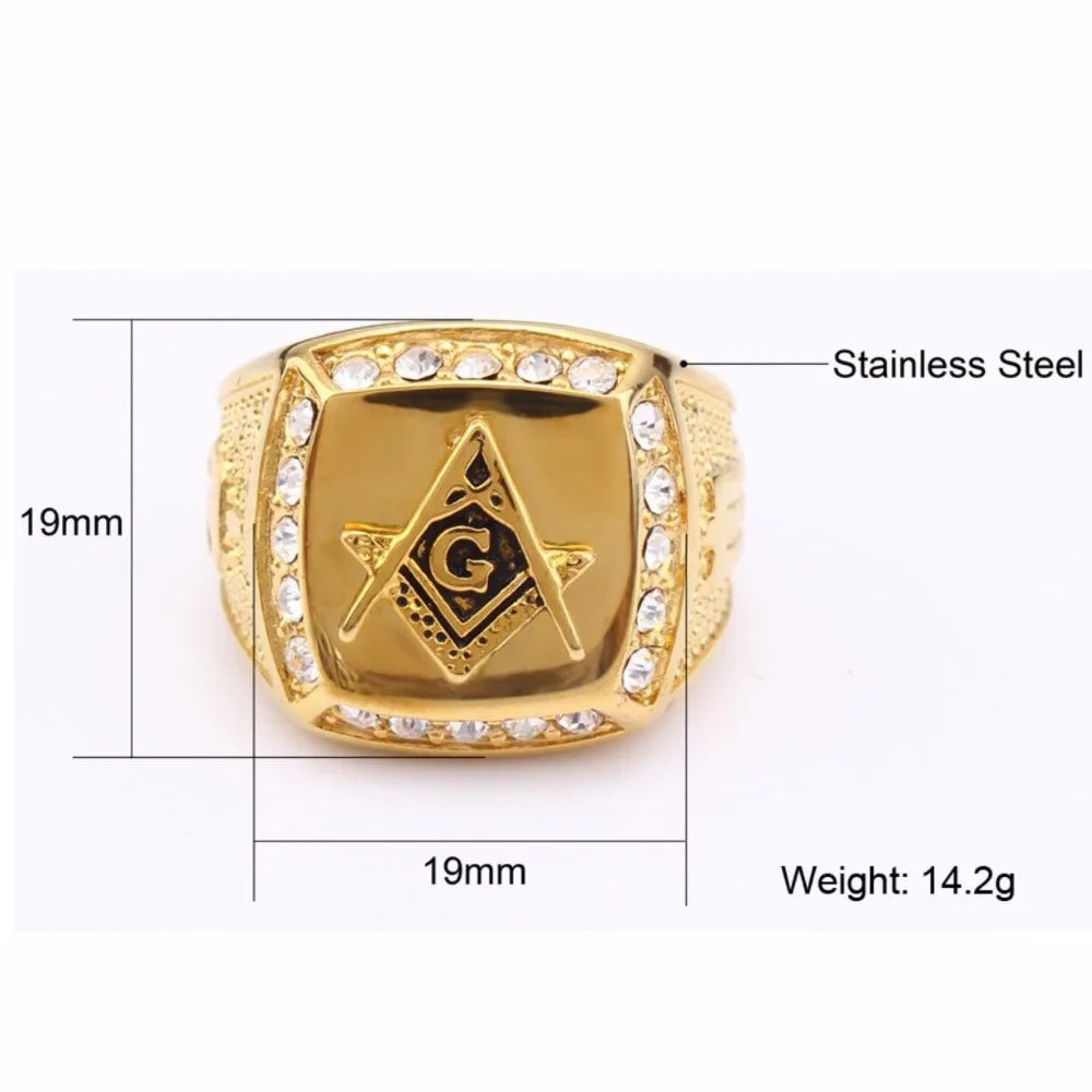 316L Stainless Steel Freemason Ring – Gold Color Hip Hop Iced Out Masonic Jewelry for Men - Image 3