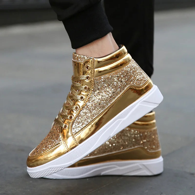 2022 Fashion Men’s High-Top Sneakers – Gold Glitter Streetwear Hip Hop Ankle Boots - Image 2