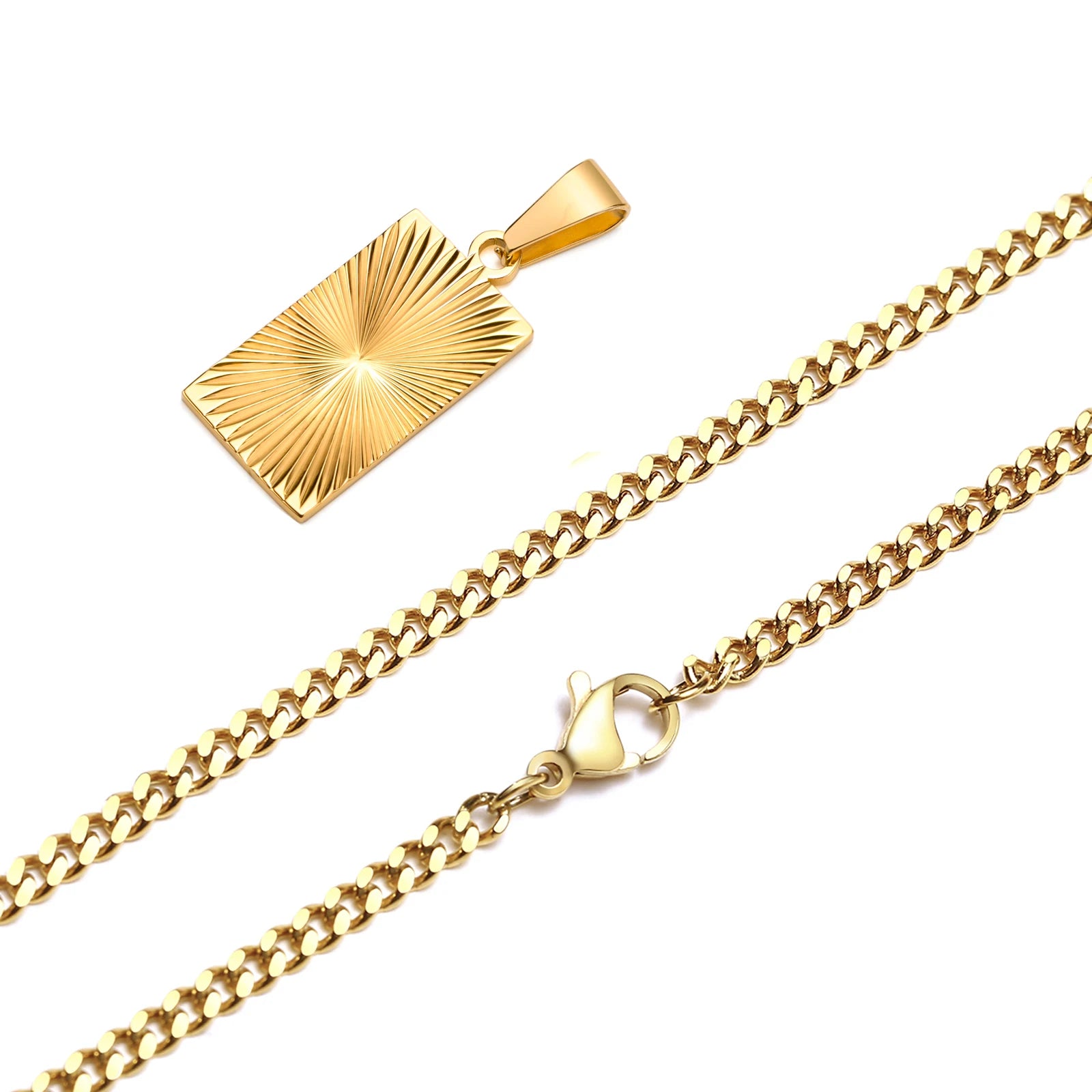 Gold-Plated Sunburst Pendant Necklace – Embossed Rectangle Charm for Men - Image 10