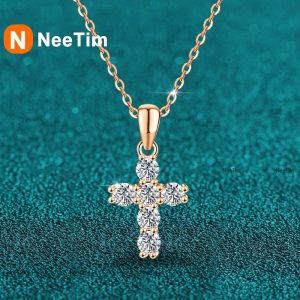 NeeTim 3mm D VVS1 Moissanite Cross Necklace – GRA Certified Lab Diamond Pendant in 925 Sterling Silver