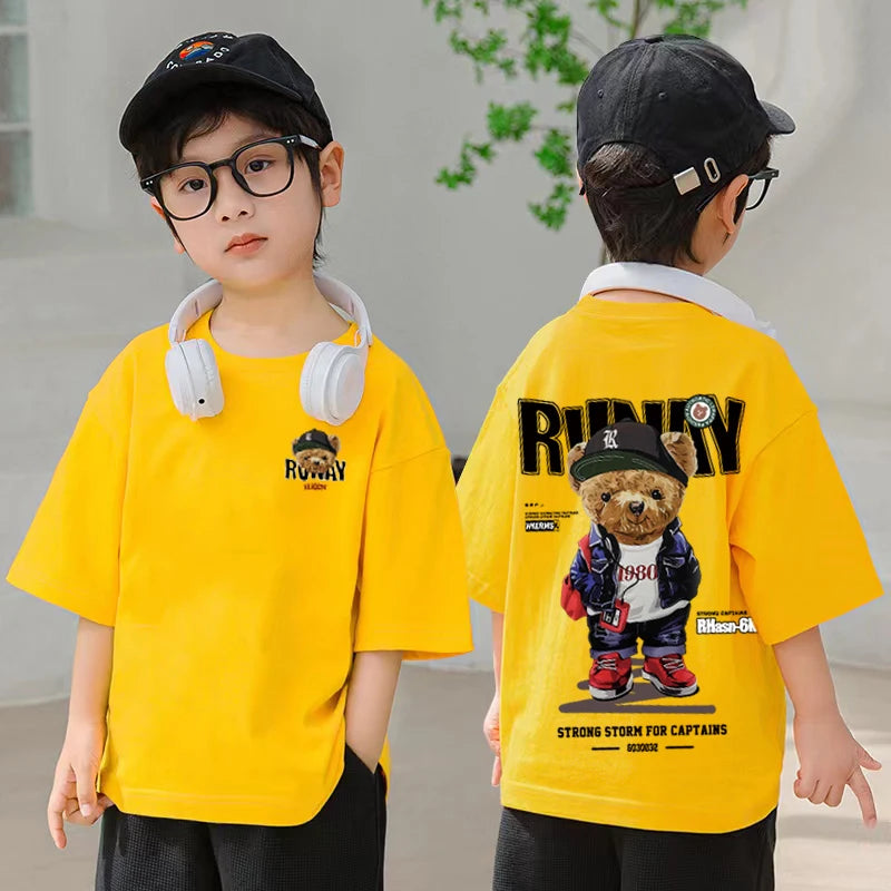 2025 Children's Clothing American Vintage Bear Print Graphic T Shirts Boys Summer Cotton Short-sleeved T-shirt Tops Streetwear - Image 14
