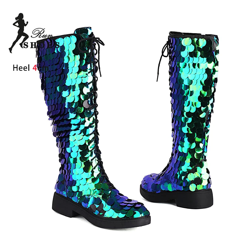 2025 Shiny Sequin Knee-High Boots – Silvery Lace-Up Gothic Hip-Hop Dance Shoes for Women - Image 12