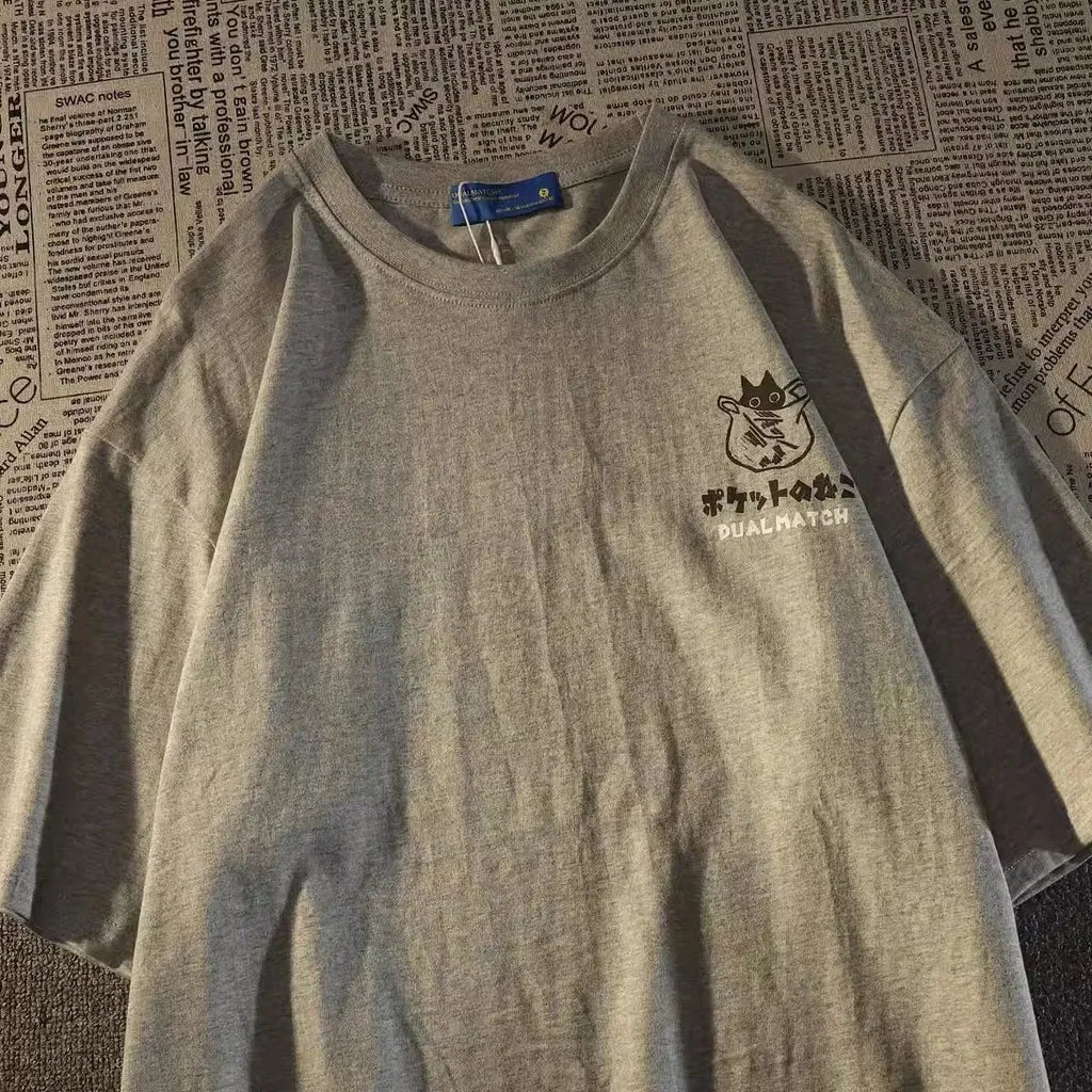 Summer Japanese Retro Pocket Cat Cartoon Printed Short Sleeve T-Shirt - Image 4