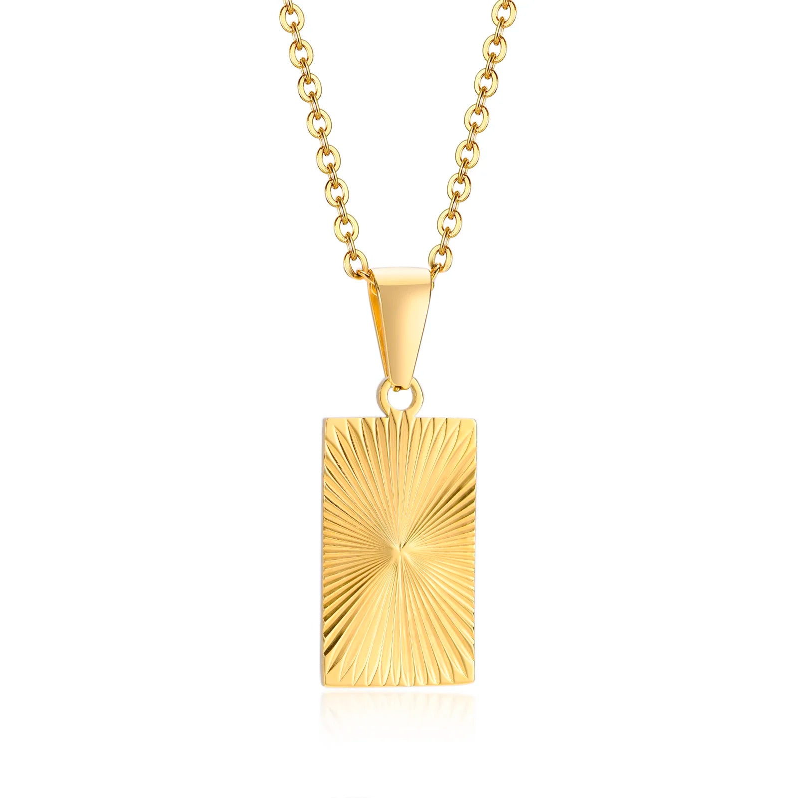 Gold-Plated Sunburst Pendant Necklace – Embossed Rectangle Charm for Men - Image 4