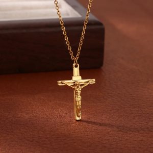 Gold Caravaca Cross Necklace – Stainless Steel Crucifix Choker for Men & Women