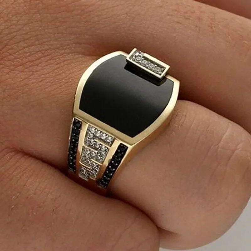 Classic Men’s Gold Color Ring – Inlaid Black Stone Punk Zircon Ring for Engagement & Wedding - Image 3
