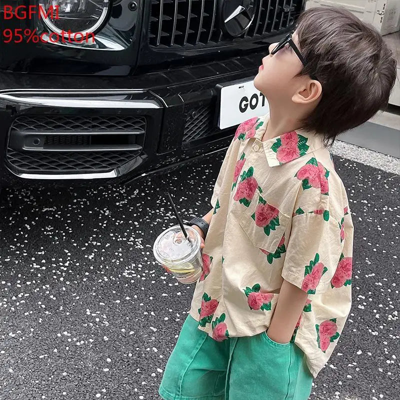 2-9Y Boys Pure Cotton Shirt and Green Shorts 2-piece Summer Shirt Short Sleeved Shorts Set 2025 Baby Boy Beach Vacation Clothes - Image 3