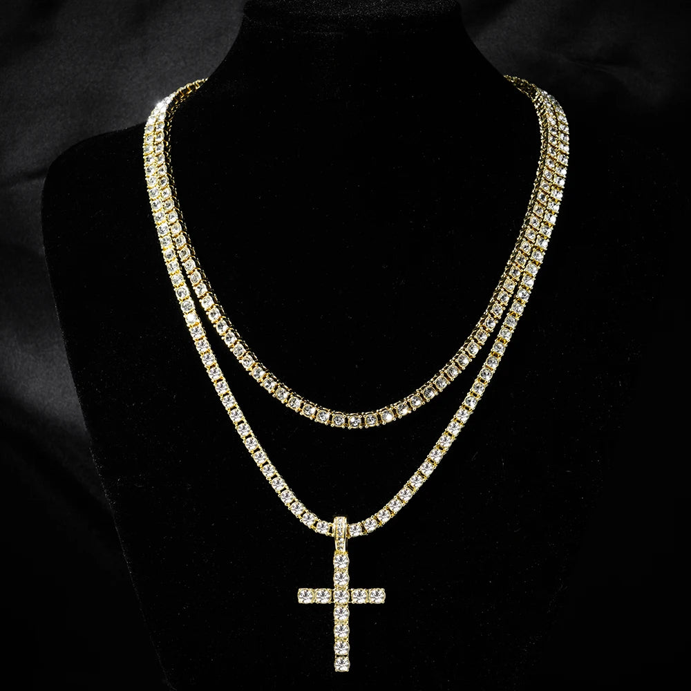 Hip Hop Iced Out Cross Pendant Necklace with 4mm Zircon Tennis Chain - Image 5