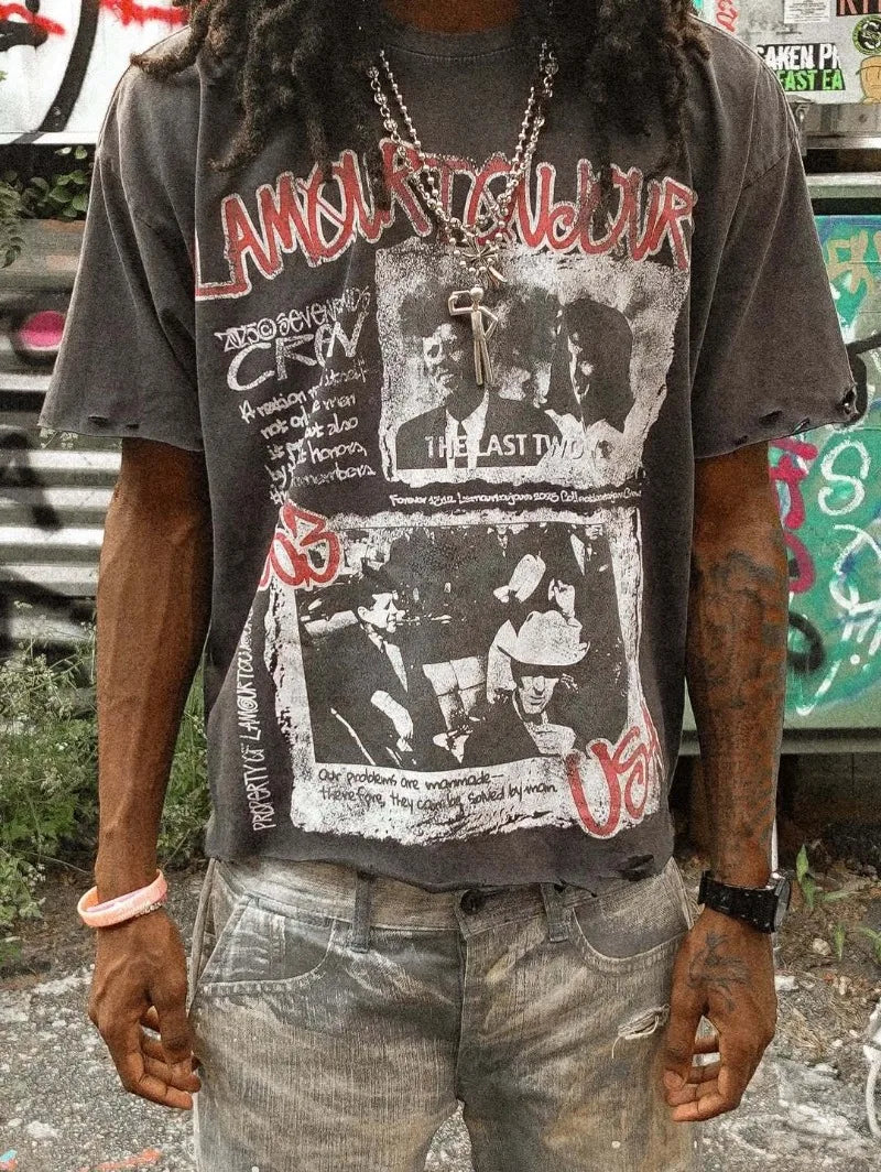 Harajuku Ripped Oversized T-Shirt – Gothic Hip-Hop Streetwear Graphic Tee for Men