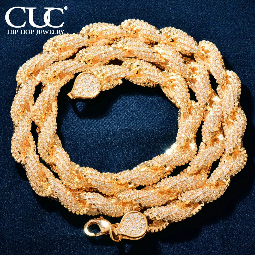 CUC 8mm Iced Out CZ Rope Chain – Gold Color Hip-Hop Necklace for Men